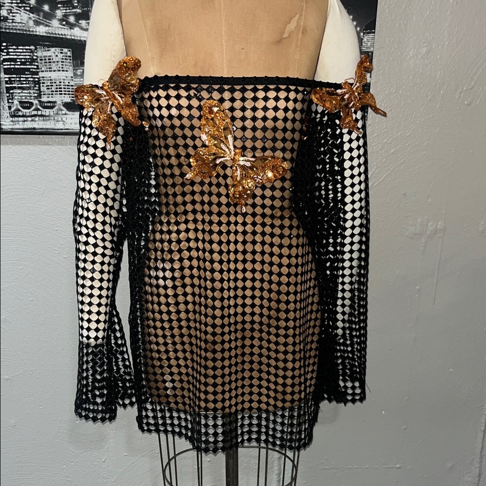 Chic Black sequin mesh Dress with Gold Butterfly Details